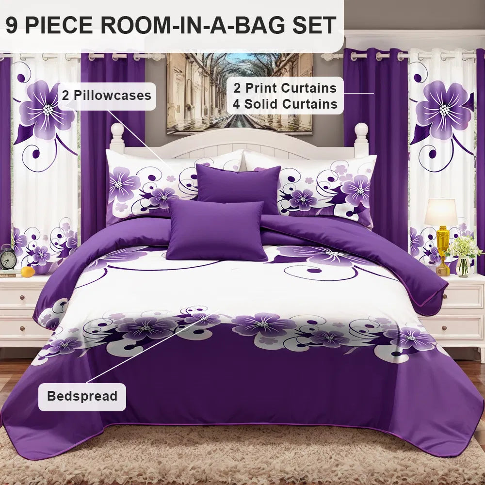 Purple Floral Bedding and Curtain Set — California King, 9 Pieces