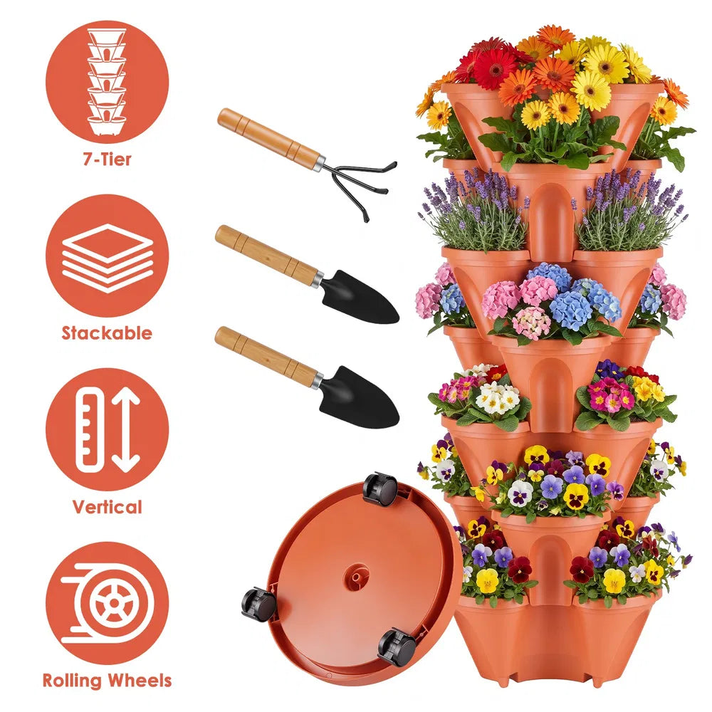 Seven-Tier Rolling Planter — Brick Red