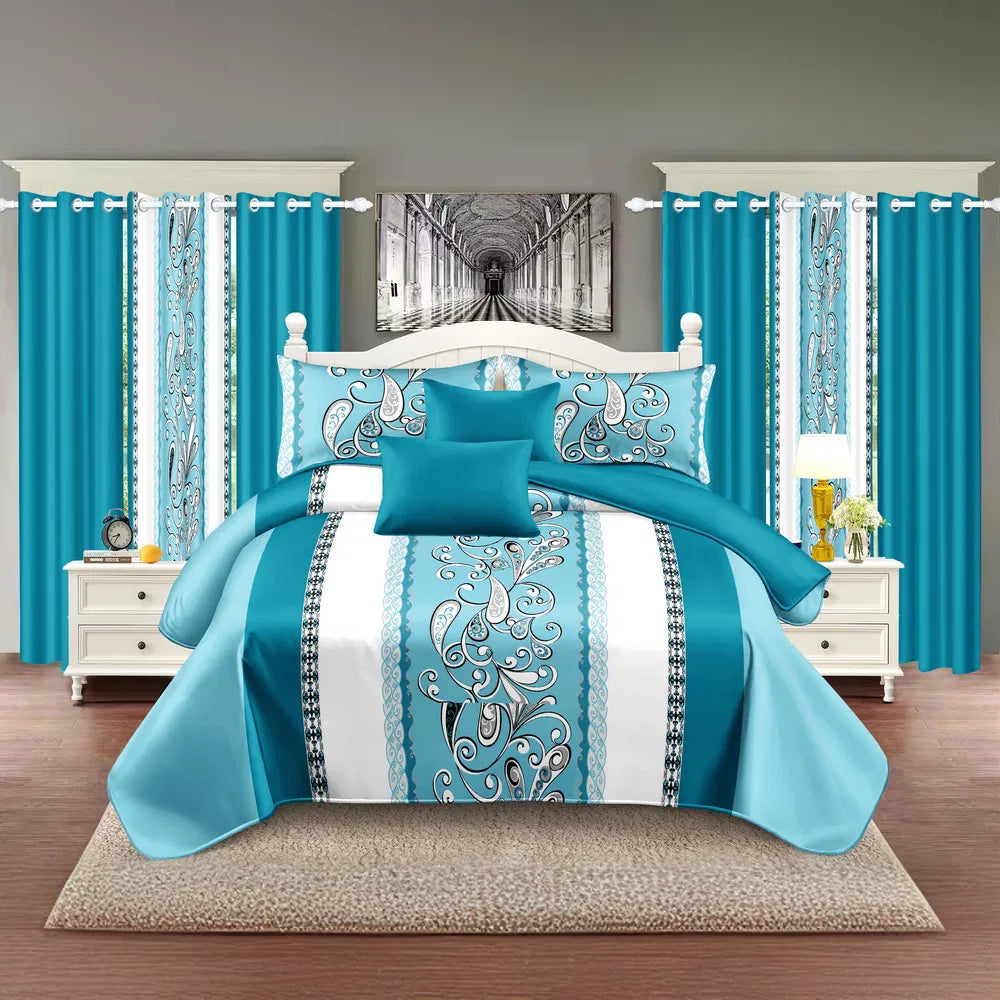 Turquoise Paisley Bedding and Curtain Set — King, 9 Pieces