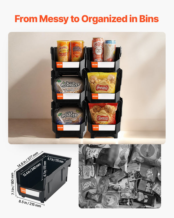 Black Stackable Storage Bins — 6-Pack, Open-Front Design