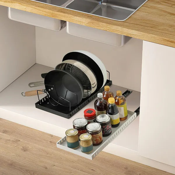 Pull-Out Pots and Pans Organizer — Black, 8 Adjustable Dividers